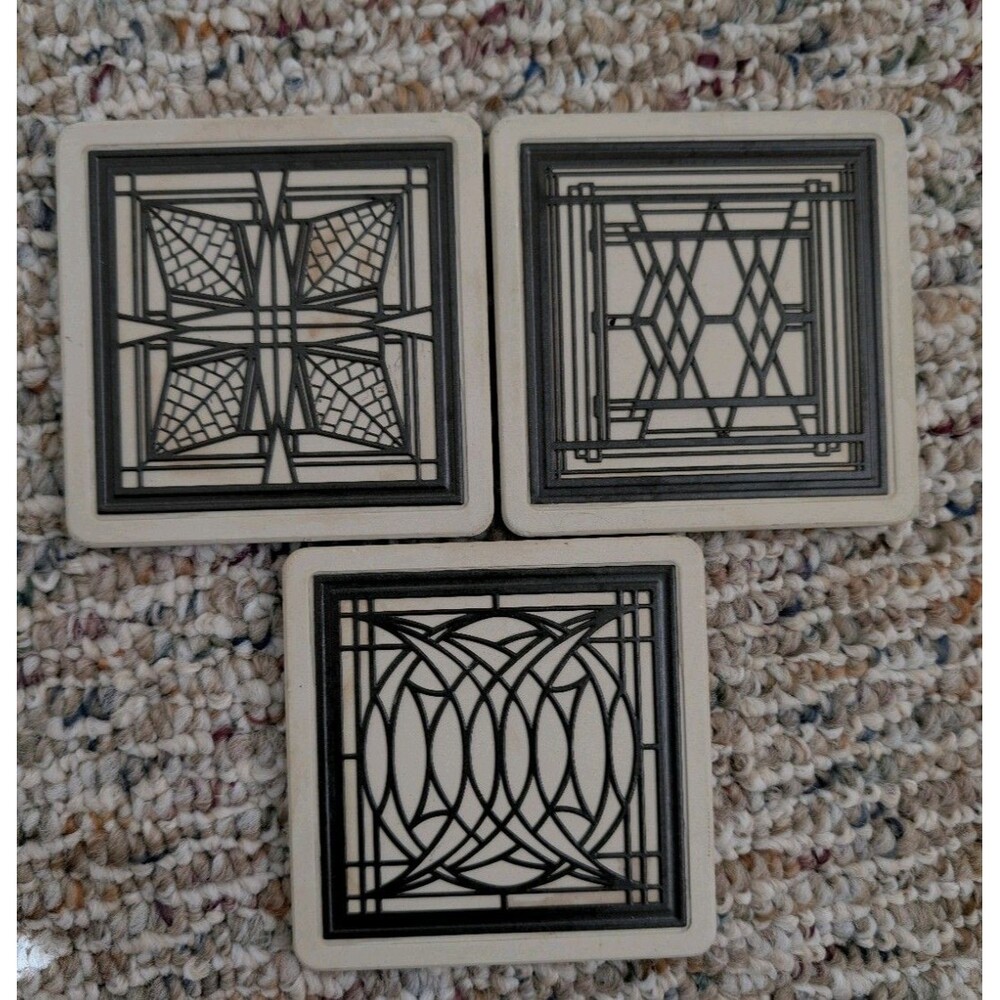 Frank Lloyd Wright Taliesin West Stone Coasters Set of 3 with Metal Inlays MCM